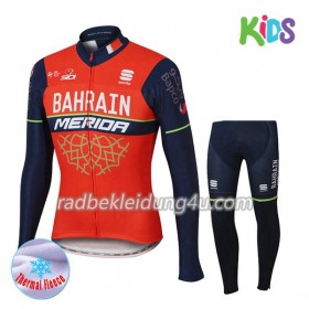 Set Langarmtrikot + Radhose Lange 2017 Bahrain-Merida Kinder Winter Thermal Fleece N001